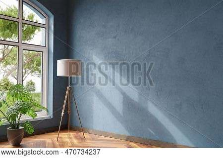 Modern Blue Petrol Colored Home Interior Wooden Parquet Floor And Single Design Lamp In Front Of Lar
