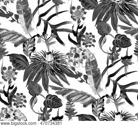 Monochrome Black And White Seamless Pattern With Multicolored Tropical Flowers And Leaves On A On Wh