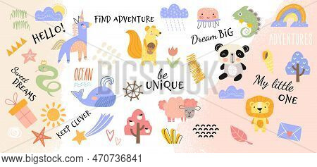 Hand Drawn Animals With Inscription. Positivity And Optimism, Invitation And Greeting Postcard Desig