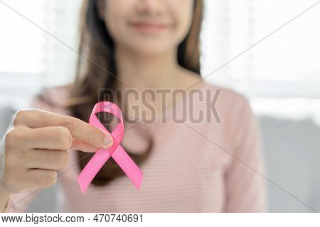 Woman Hold Pink Ribbon Breast Cancer Awareness. Female Health Check Consciousness. International Wom