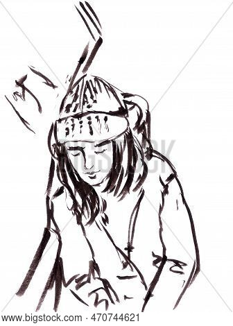 Sleeping Sitting Girl In A Winter Hat, Graphic Drawing