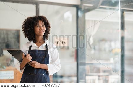 Startup Successful Small Business Owner Sme Beauty Girl Stand With Tablet Smartphone In Coffee Shop 