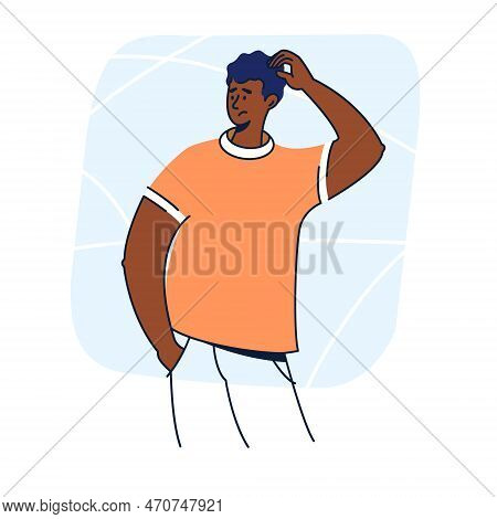 Confused, Puzzeled, Pensive Black Man Thinking And Scratching His Head. Flat Design Vector Illustrat
