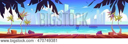 Ocean Beach With Boardwalk Or Pier. Wooden Embankment Or Terrace With Sea And City View. Summer Land