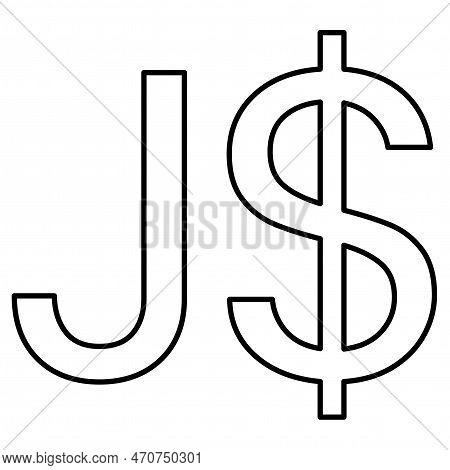 Jamaican Dollar Jmd Currency Sign Black Outline In Front View Isolated On White Background. Currency