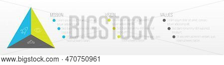 Mission, Vision And Values. Triangle Divided To Three Parts In The Compact Infographic Element. Vect