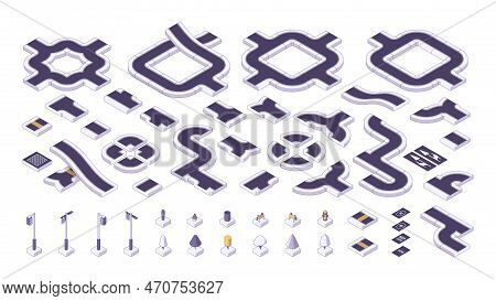 Isometric Road Elements. City Highway Constructor Segments And Road Direction Warning Signs, Transpo