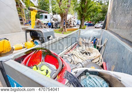 Steel Crate, Container, Toolbox Overfull Of Many Different Tools Were Placed In The Truck Trailer On