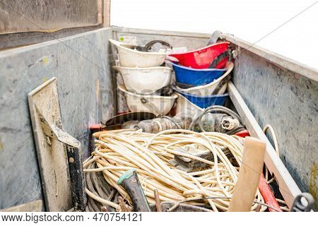 Steel Crate, Container, Toolbox Overfull Of Many Different Tools Were Placed In The Truck Trailer On