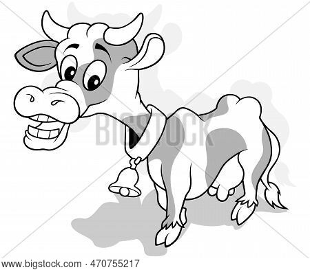 Drawing Of A Funny Cow With A Bell On Its Neck - Cartoon Illustration Isolated On White Background, 