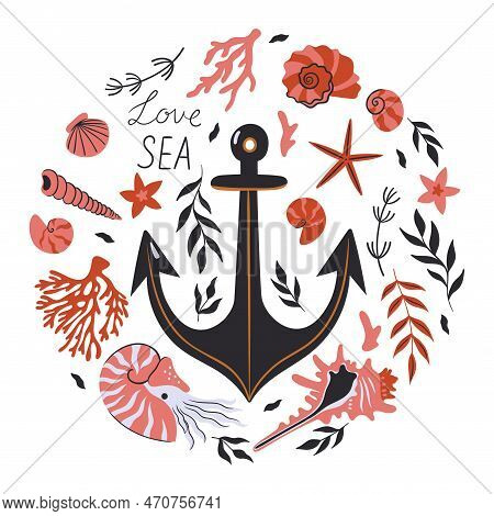 Round Marine Composition With Anchor, Shells, Seaweed Isolated On White Background. Vector Image.
