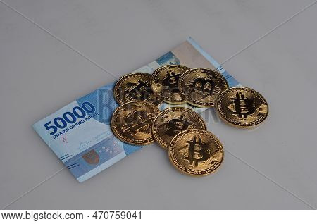 Indonesia Rupiah Money Paper Bitcoin Gold Color