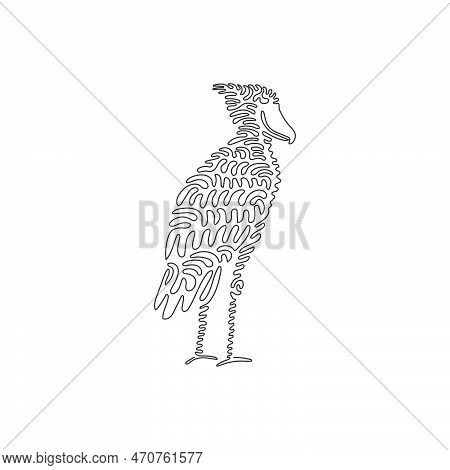 Single Curly Line Drawing Of Adorable Standing Shoebill Abstract Art. Continuous Line Draw Graphic D