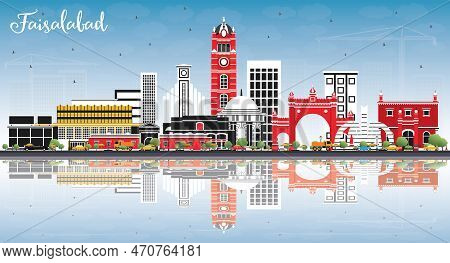Faisalabad Pakistan City Skyline With Gray Buildings, Blue Sky And Reflections. Vector Illustration.