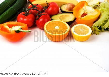 Banner With Vegetables And Friut Against White Background.place For Text
