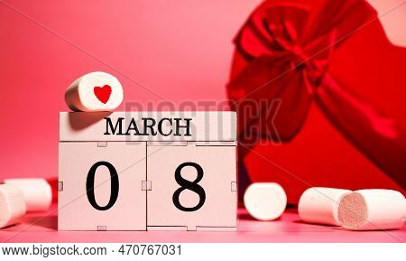Women's Day Creative Banner With Heart Shaped Gifts, Marshmallows And Calendar With 8 March Date