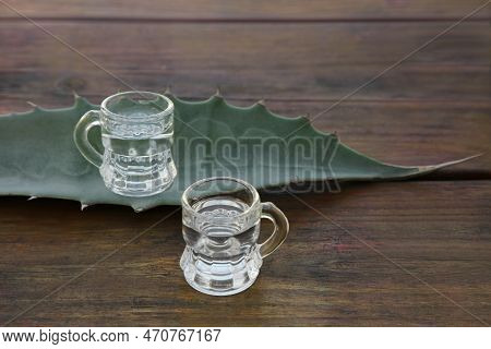 Mexican Tequila Shots And Green Leaf On Wooden Table. Drink Made Of Agava