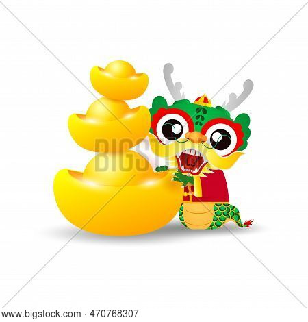 Happy Chinese New Year 2024 With Little Dragon Holding Golden Ingots, Gong Xi Fa Cai, The Year Of Th