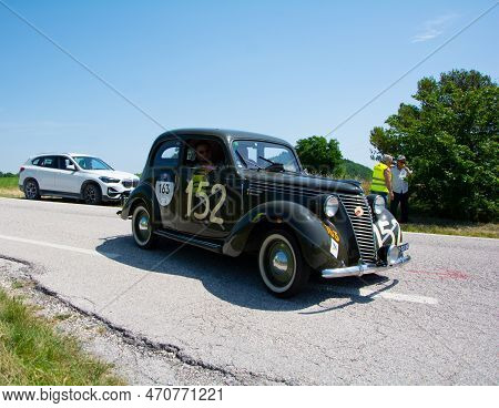 Fiat 1100 B Berlina 1949 On An Old Racing Car In Rally Mille Miglia 2022 The Famous Italian Historic