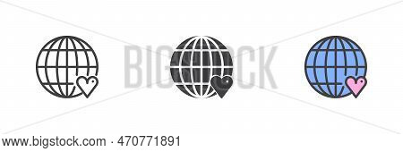 Globe With Heart Different Style Icon Set. Line, Glyph And Filled Outline Colorful Version, Outline 
