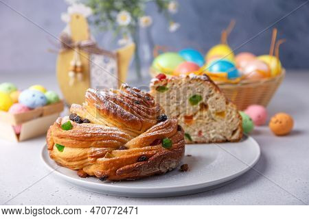 Craffin (cruffin) With Raisins And Candied Fruits Sprinkled With Powdered Sugar. Traditional Easter 
