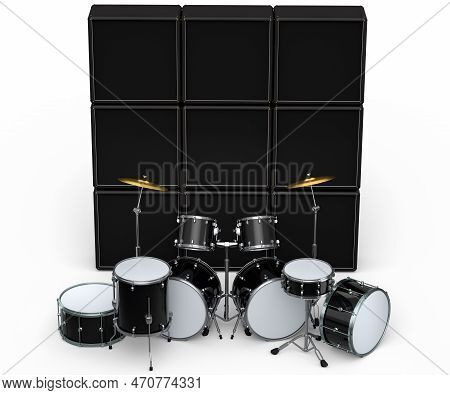 Set Of Realistic Drums With Metal Cymbals Or Drumset And Amplifier On White