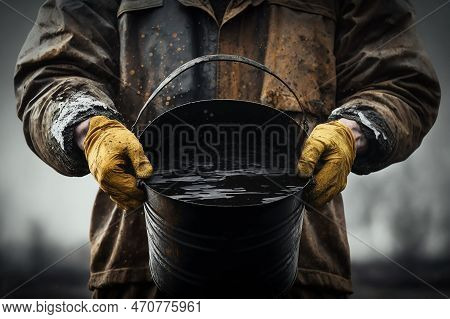 Crude Oil, A Man Holds A Bucket Full Of Black Crude Oil. Oil Field. 3d Render