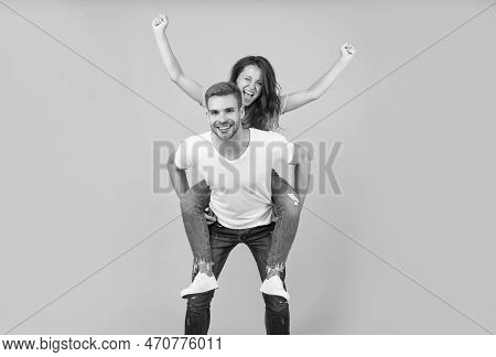 Hurray. Happy Girl Ride Piggy-back On Guy. Happiness. Romance. Enjoying Happy Relationship