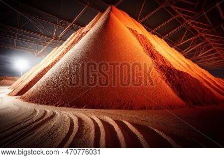 Potash, Minerals Are Stored In A Large Pile In The Warehouse And Ready For Shipment. 3d Render