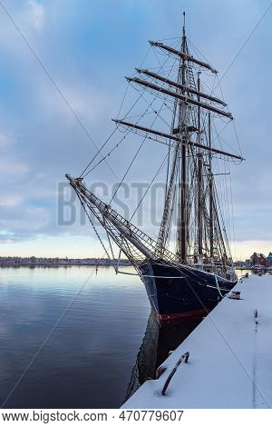 Sailing Ship In The City Port Of The Town Rostock, Germany.