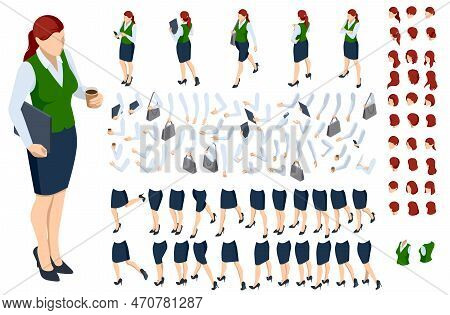 Isometric Brown-haired Woman Character Constructor. Front And Back View. Various Options For Hairsty