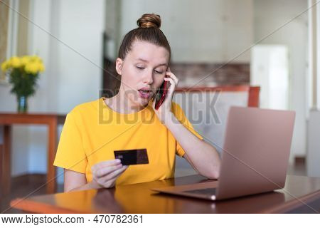 Portrait Of Happy Girl, Young Positive Pretty Woman Paying, Holding Credit Bank Card With Phone, Lap