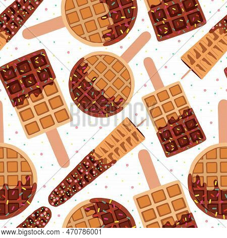 Sweet Food And Dessert Food, Vector Seamless Pattern Of Golden Brown Homemade Corn Dog Or Hot Dog Wa
