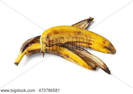 The Peel Of An Overripe Banana Isolated On A White Background. Overripe Banana Macro. Food Waste