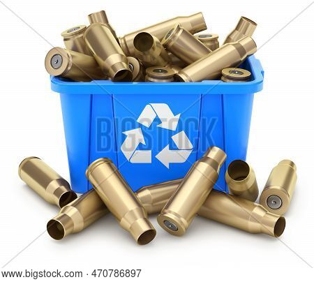 Brass Bullet Shell In Plastic Crate Recycling Concept - 3d Illustration
