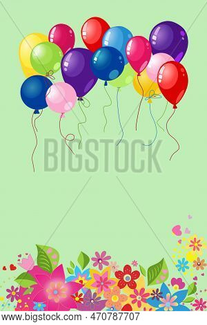 Flying Colorful Balloons On Nature Background. Birthday Balloons Flying Over Grass And Flowers On Sk