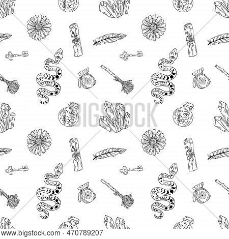 Witchcrafts Seamless Pattern With Broom, Feathers, Snake And Crystal. Modern Witch Black Outline Vec
