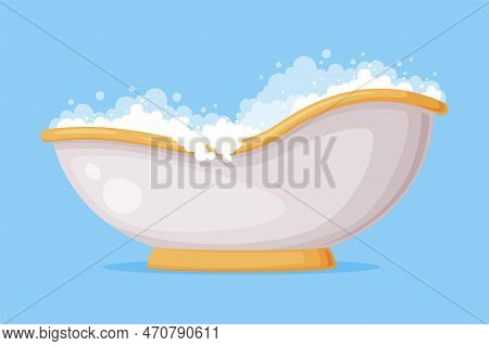 Cast Iron Bathtub On Pedestal Full Of Water With Soap Bubbles Foam Isolated On Blue Background Vecto