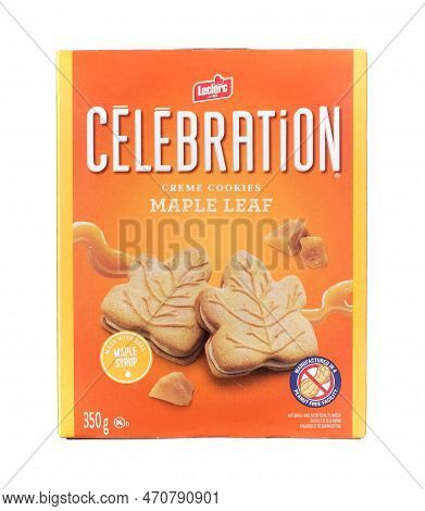 Pleasant Valley, Canada - February 15, 2023: Leclerc Maple Leaf Creme Cookies. Groupe Leclerc Is A C