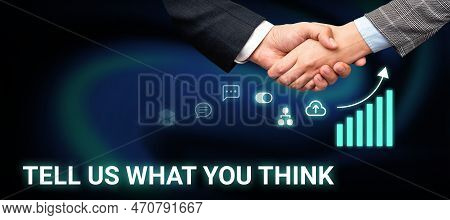 Text Caption Presenting Tell Us What You Think. Internet Concept Express Your Emotions And Thoughts 