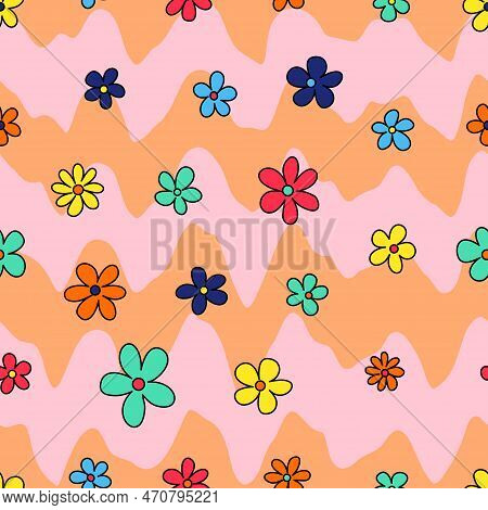 Trendy Groovy Seamless Pattern For Decorative Design. Retro 60s 70s Psychedelic Design. Floral Seaml