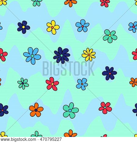 Trendy Groovy Seamless Pattern For Decorative Design. Retro 60s 70s Psychedelic Design. Floral Seaml