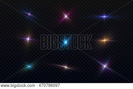 Set Of Realistic Light Glare, Bright Lens Flares, Neon Highlight. Lighting Effects Collection Of Fla