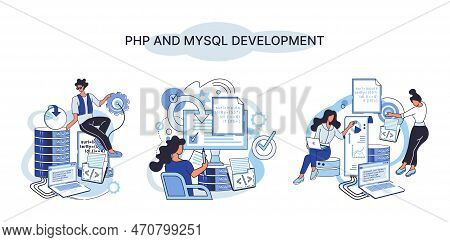 Php And Mysql Development Metaphor. Software Website Developer With Computer, Programmer Service, Op