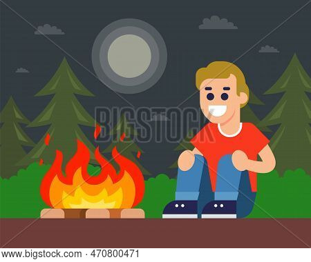 A Man In The Forest Kindled A Fire And Warmed Himself. Flat Vector Illustration.