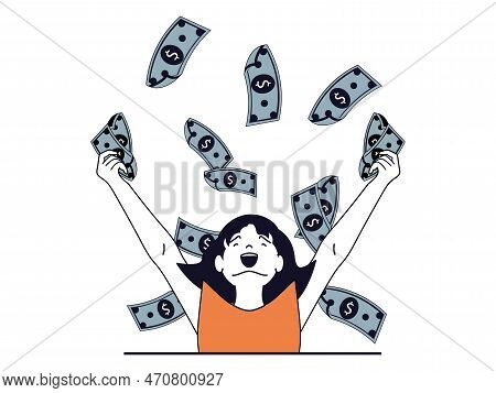 Finance Concept With Character Situation. Happy Woman Gets Lot Of Money, Banknotes Flying Around Ric