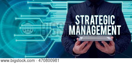Text Caption Presenting Strategic Management. Word Written On Formulation And Implementation Of The 