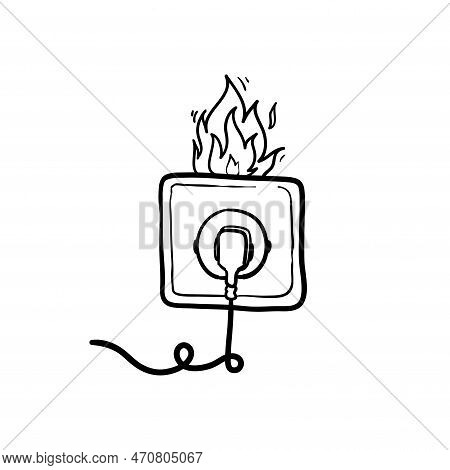 Fire Wiring. Socket And Plug On Fire From Overload. Electrical Safety Concept. Short Circuit Electri