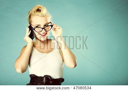 Retro Style. Happy Girl Talking Phone