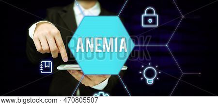 Hand Writing Sign Anemia. Word For Condition Where There Deficiency Of Red Cells Of Haemoglobin In B